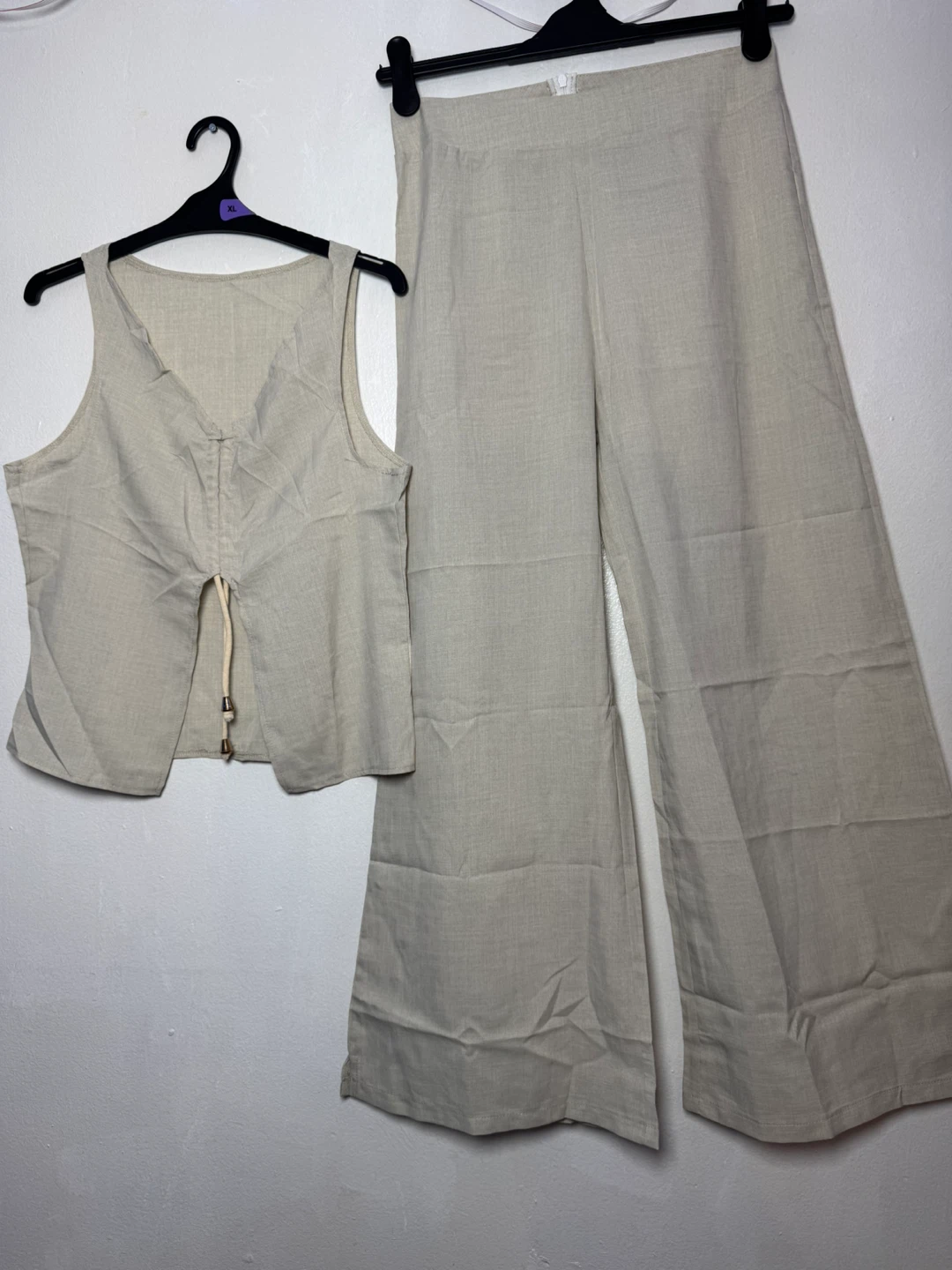 Linen Blend Vest and Wide Leg Pants Set - Size M