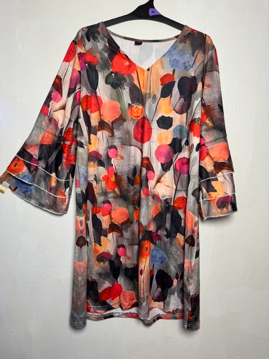 Women's Abstract Floral Print V-Neck Bell Sleeve Dress XXL