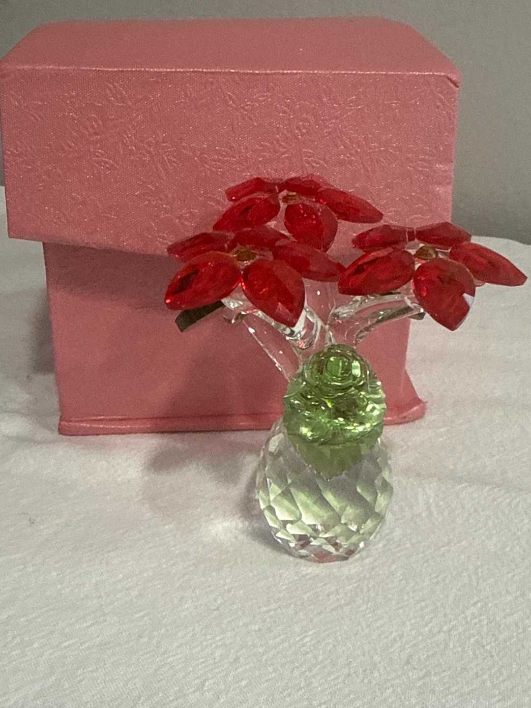 Crystal Red Flower Figurine with Green Leaves and Pink Box