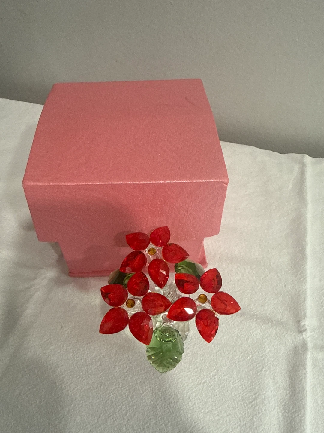 Crystal Red Flower Figurine with Green Leaves and Pink Box - photo 4