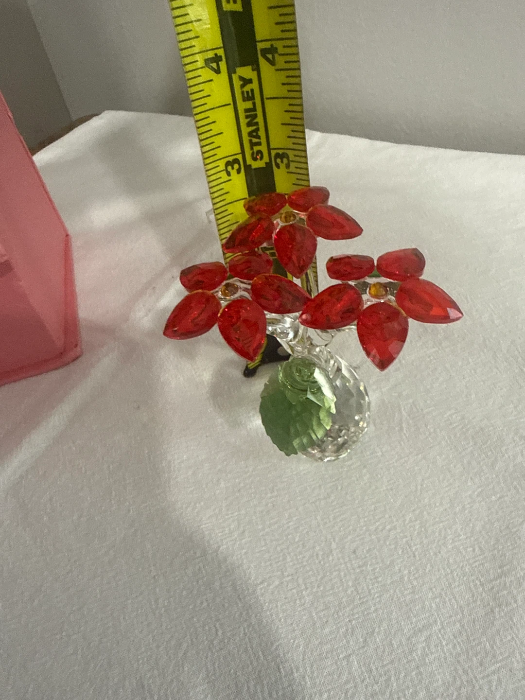 Crystal Red Flower Figurine with Green Leaves and Pink Box - photo 2