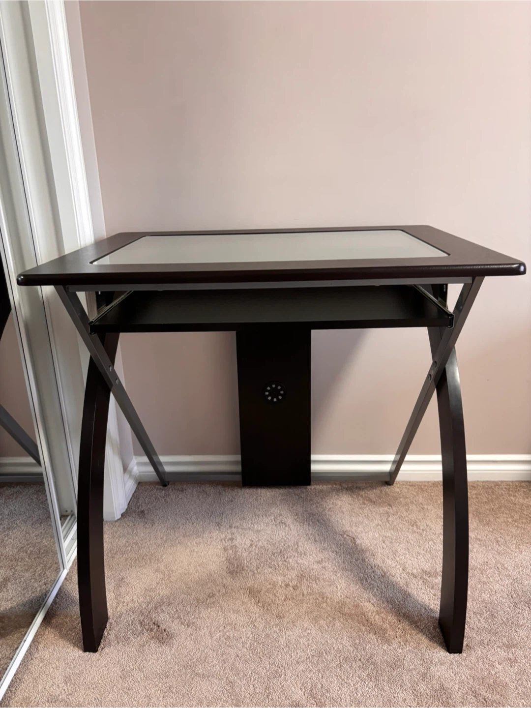 Dark Wood and Glass Computer Desk with Keyboard Tray