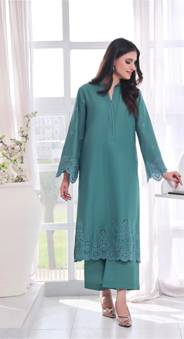 Teal Embroidered Kurta and Palazzo Pants Set