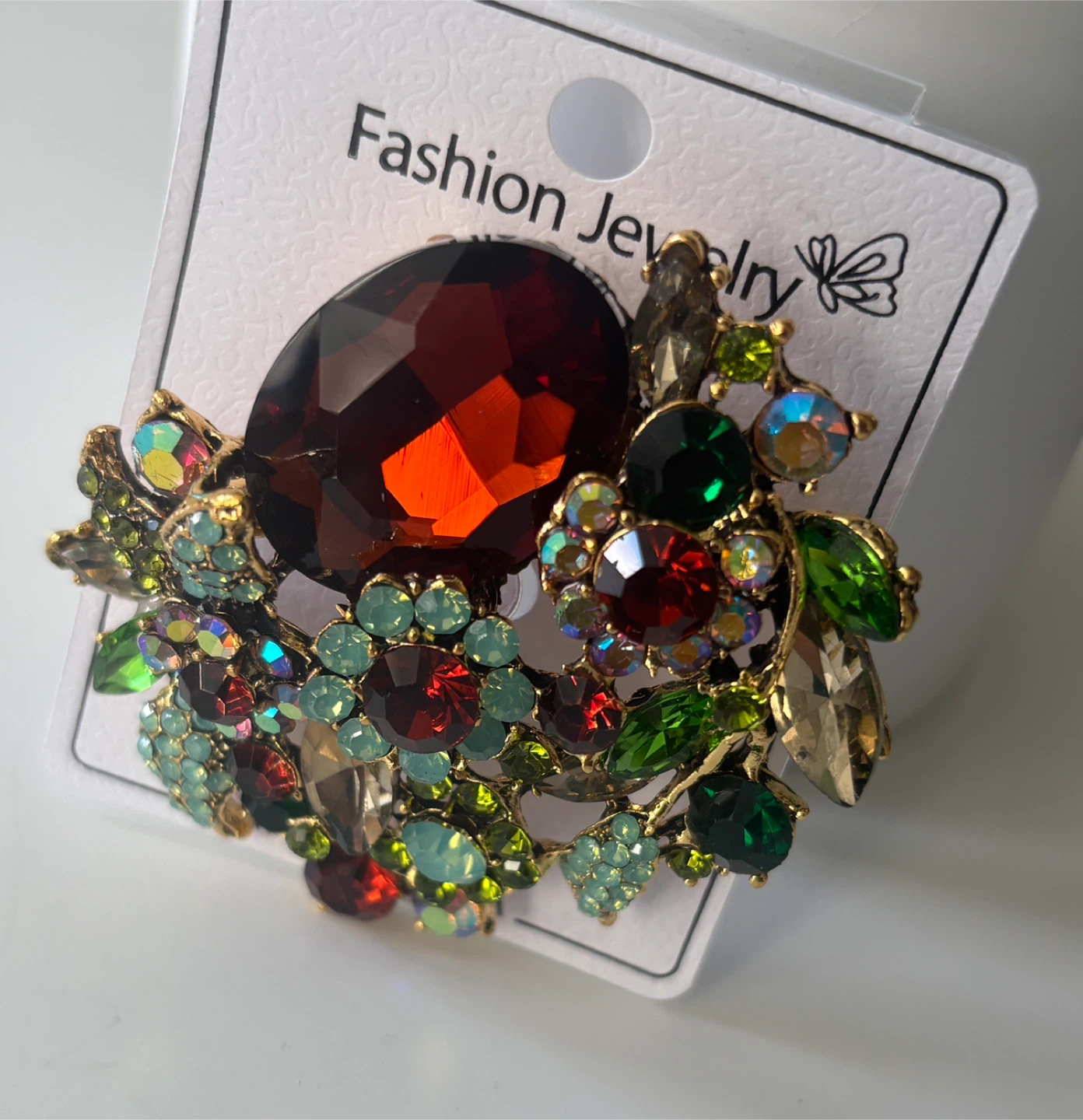 Beautiful Jewelry Brooch with Amber and Multicolour Gems