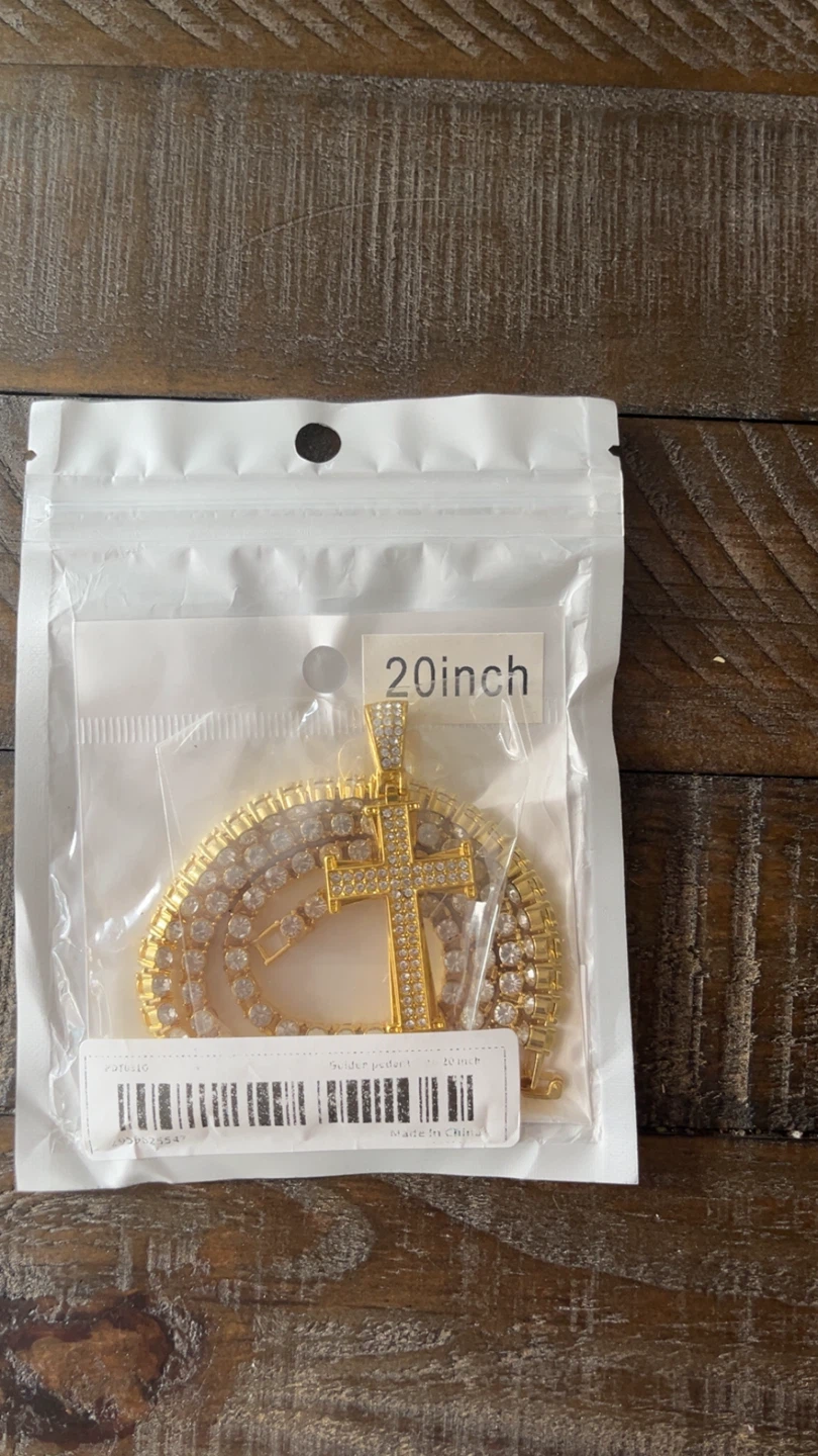 Gold Plated Cross Pendant Necklace with Rhinestones - 20 inch