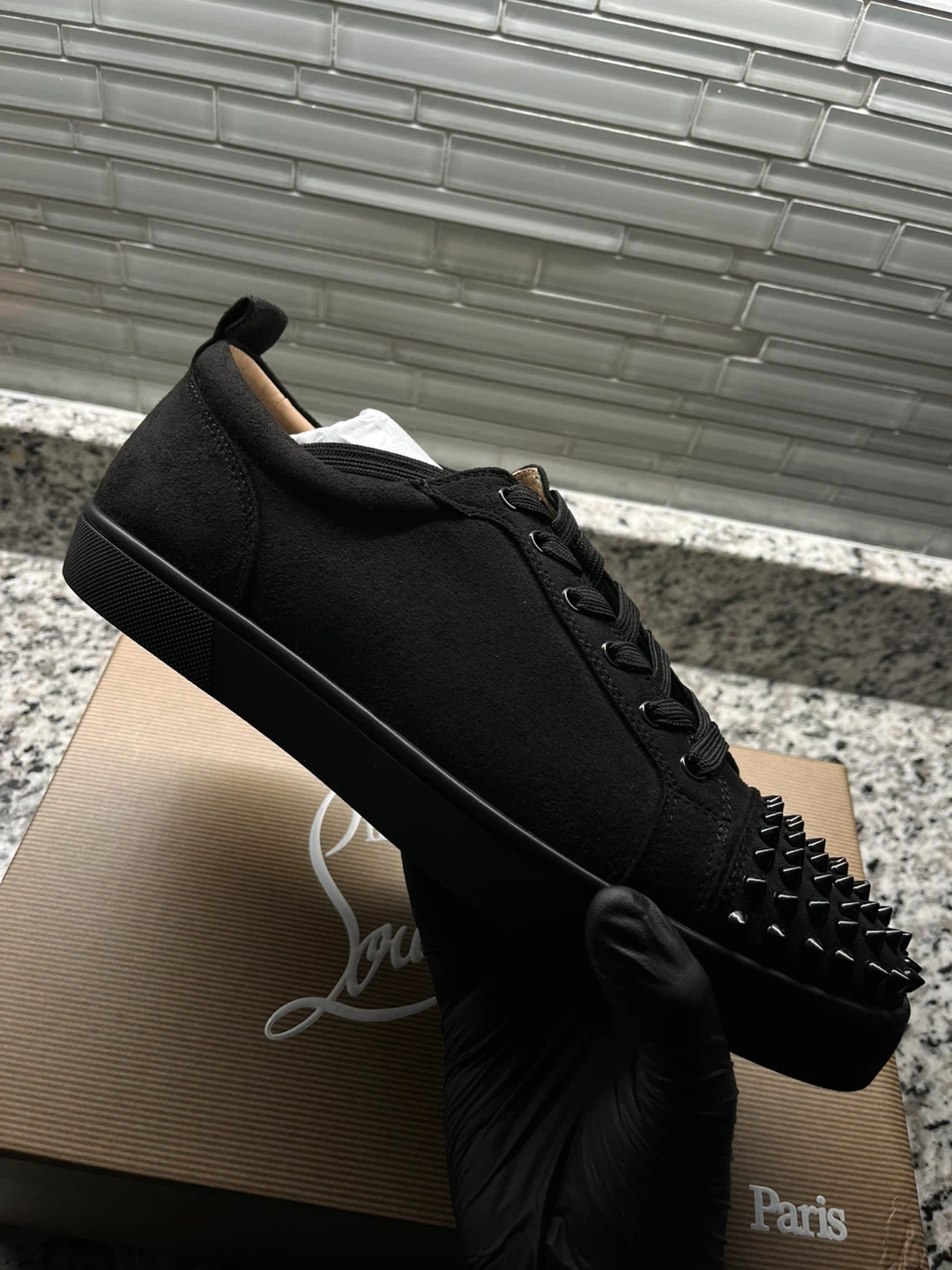 Christian Louboutin Black Suede Spiked Low Top Sneakers