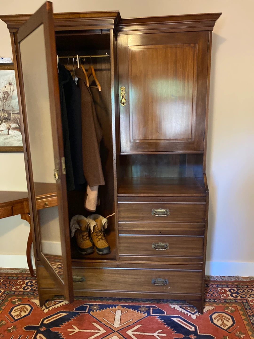 Vintage Wooden Armoire Wardrobe with Mirror - photo 2