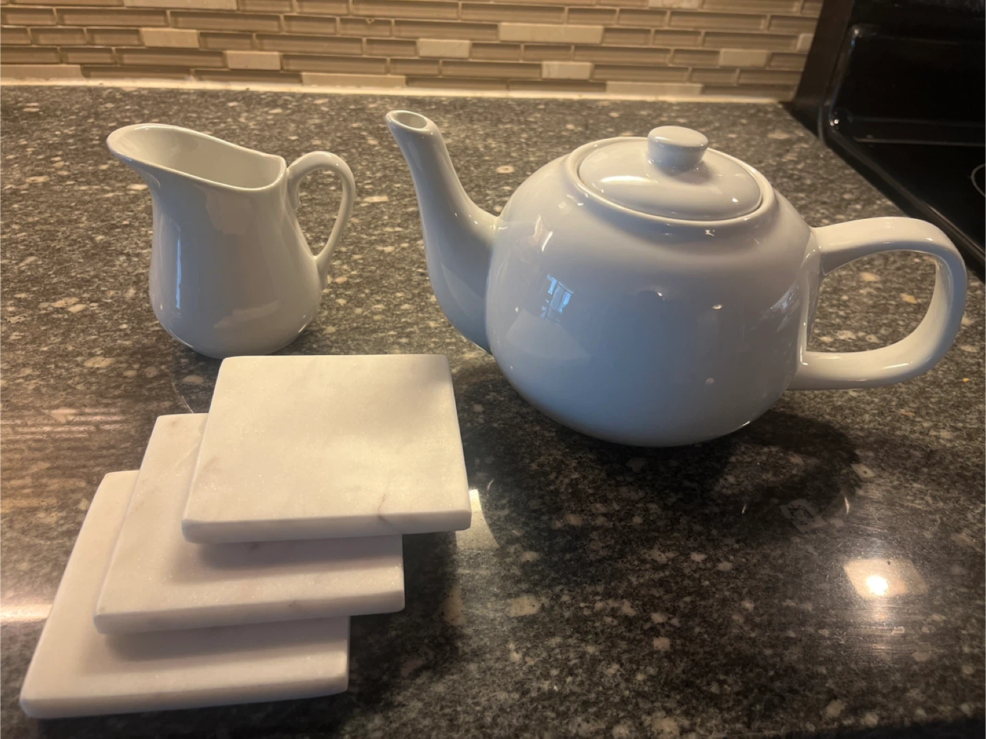 White Teapot and Creamer Set with Marble Coasters