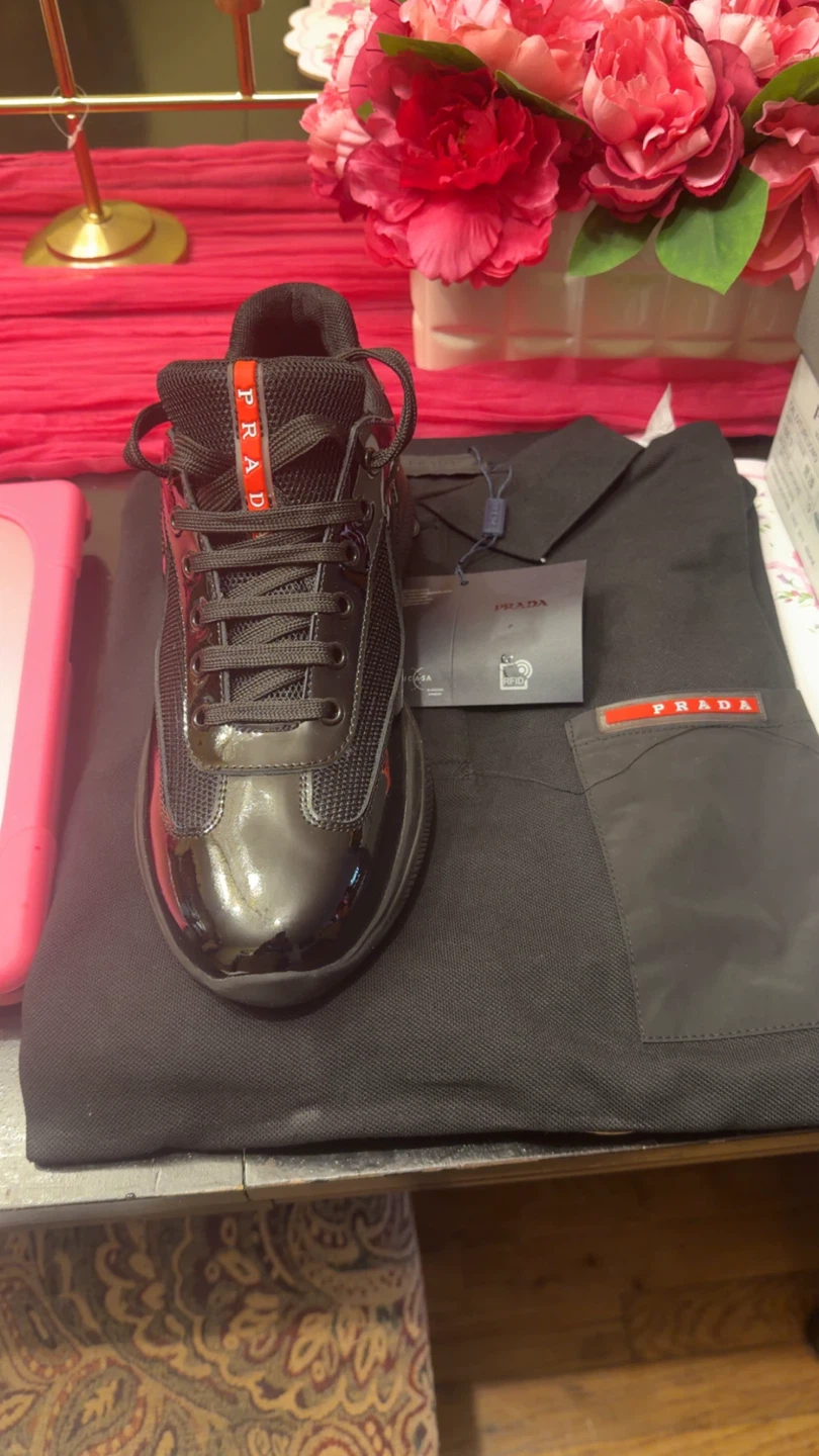 Prada Black Polo Shirt and Black Sneakers