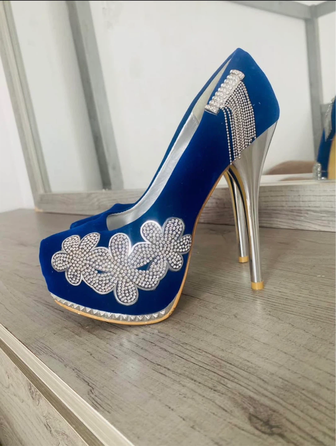 Blue Embellished Platform High Heels