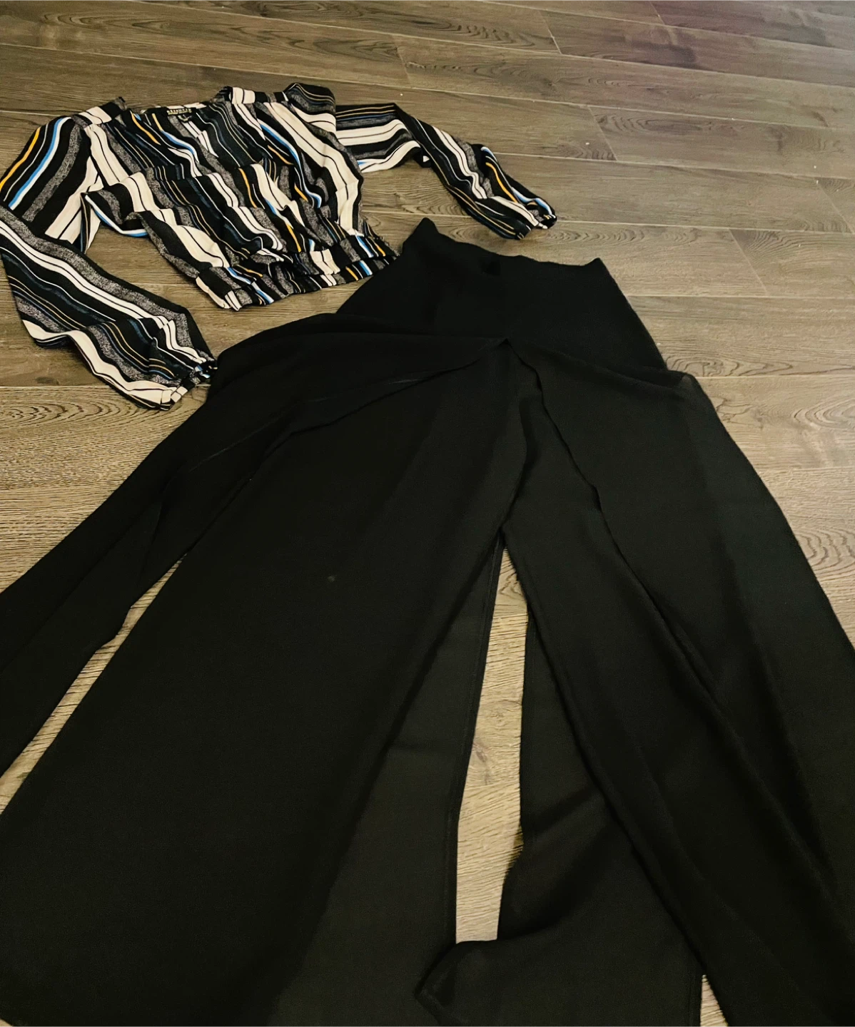 Striped Bardot Top and Black Split Pants Set