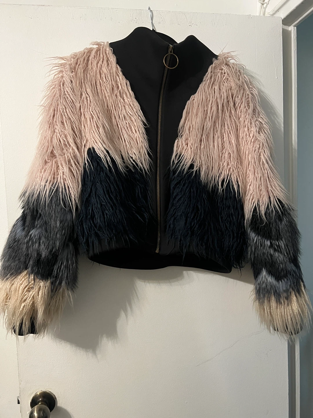 Shaggy Faux Fur Jacket - Pink, Navy, Tan