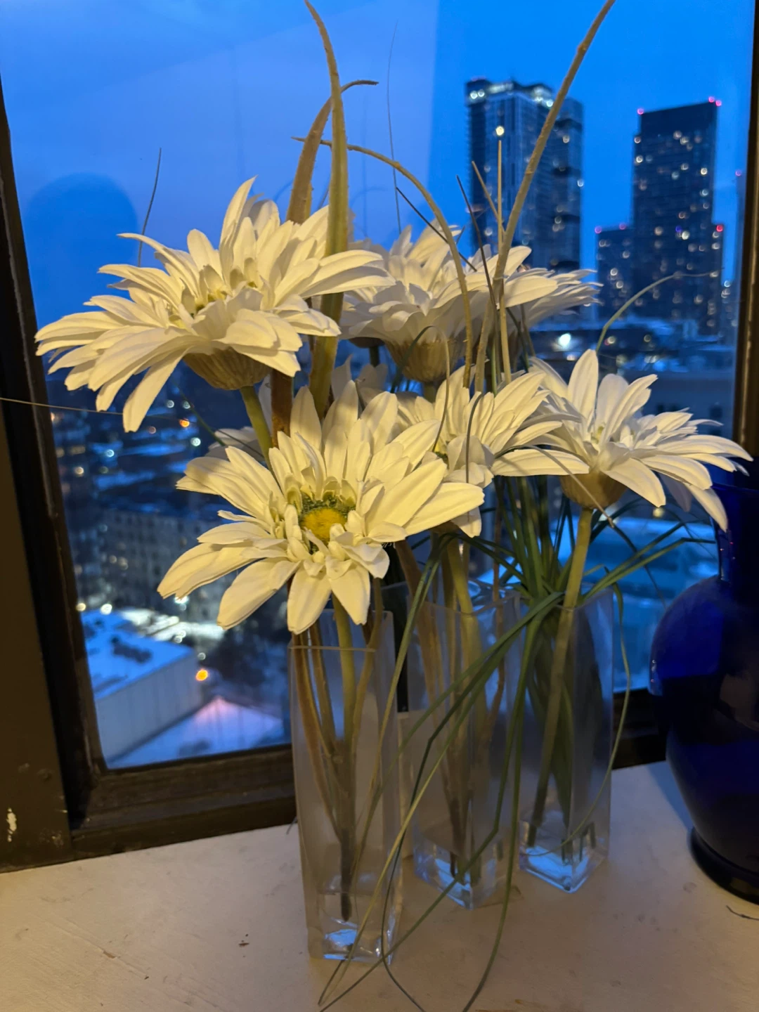 White Artificial Daisy Arrangement in Glass Vases