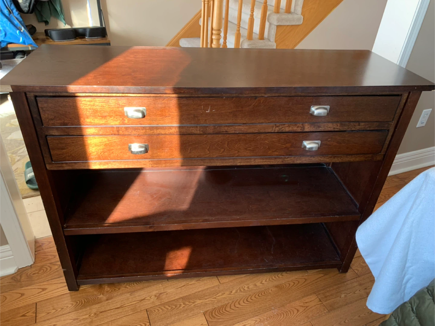 Free Wooden Sofa table with 2 Drawers and Open Shelves