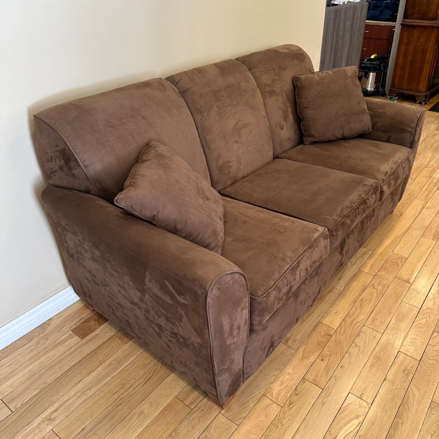 Like New Modern Brown Microsuede Sofa (CAN DELIVER - photo 2