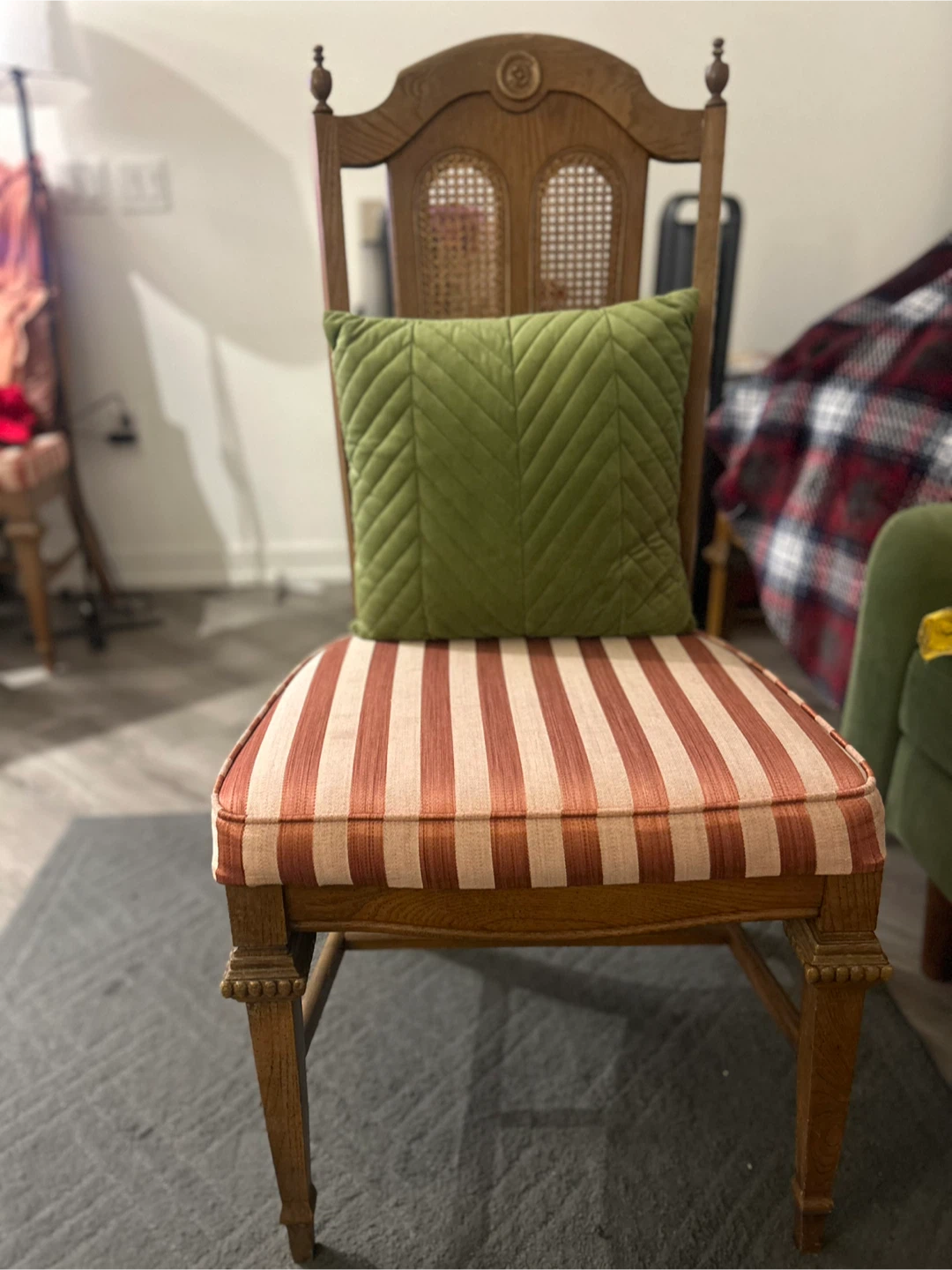 Vintage Wooden Accent Chair with Striped Upholstery