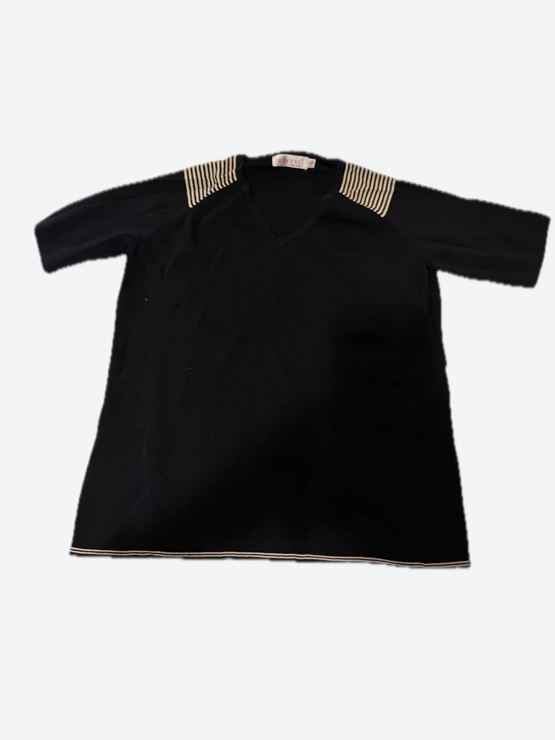 Black V-Neck Sweater with Striped Shoulder Detail
