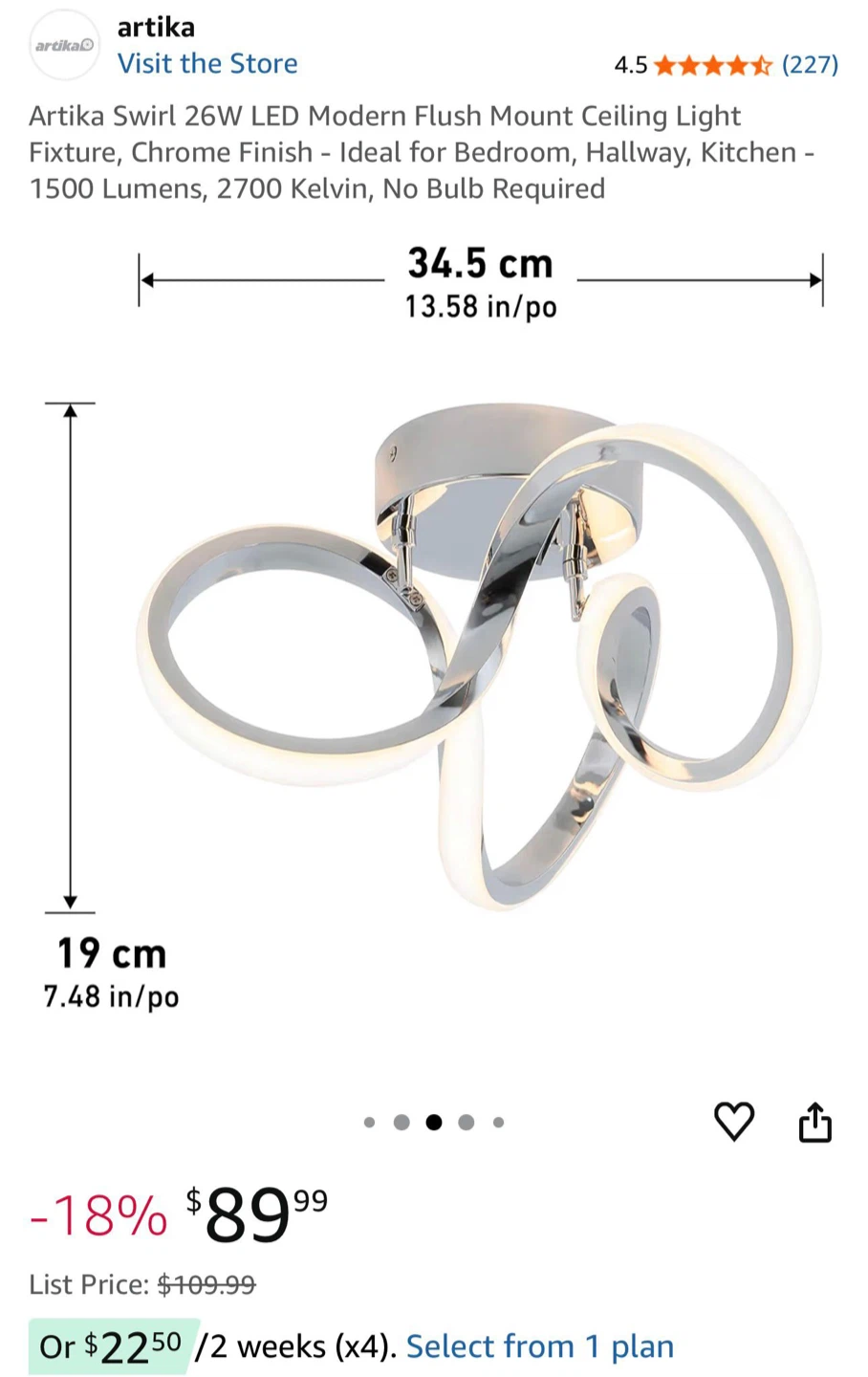 Artika Swirl 26W LED Flush Mount Ceiling Light Fixture - Chrome