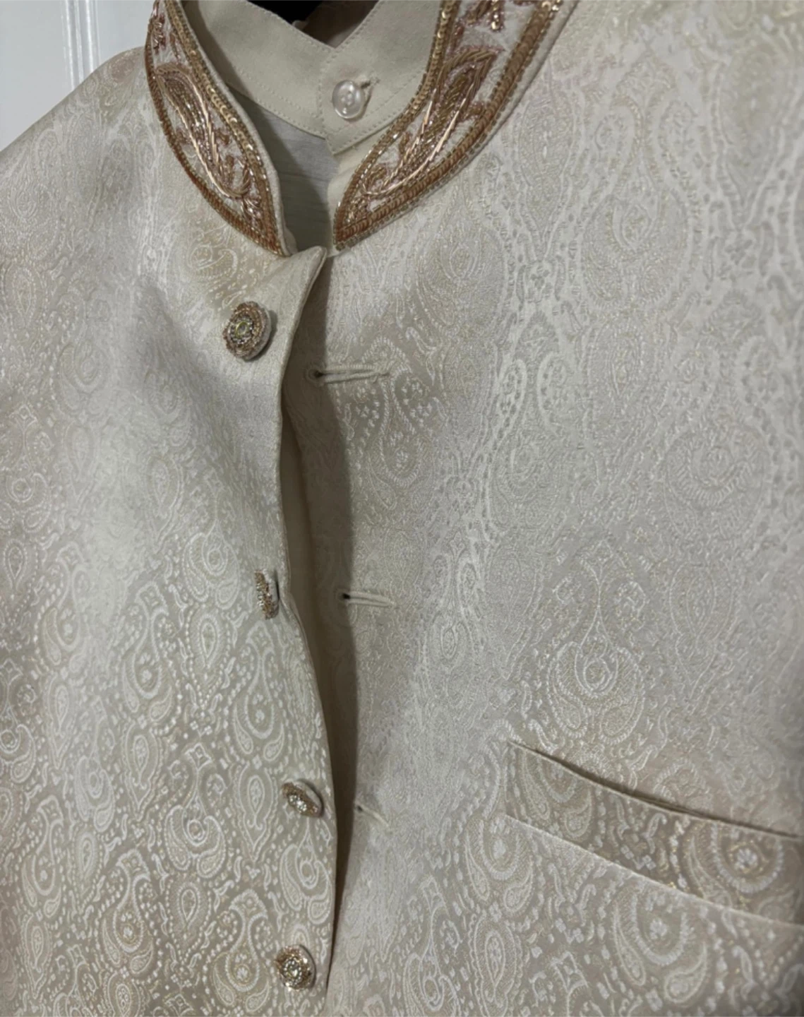 Cream Brocade Sherwani with Gold Embroidery