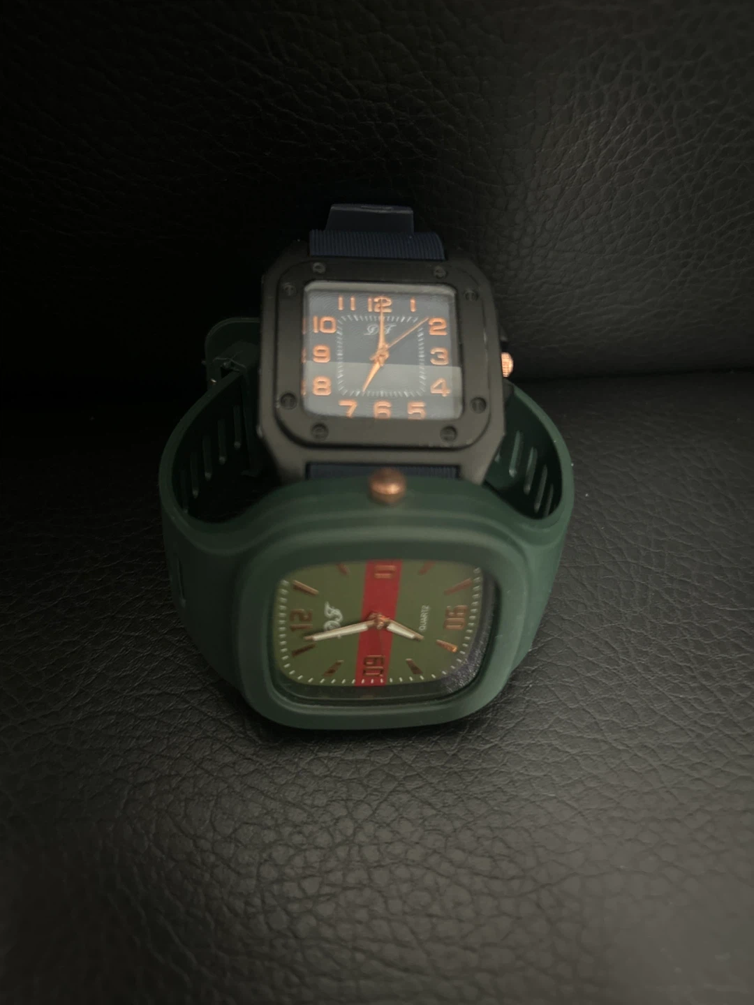 Two Square Face Watches - One Navy Blue, One Green