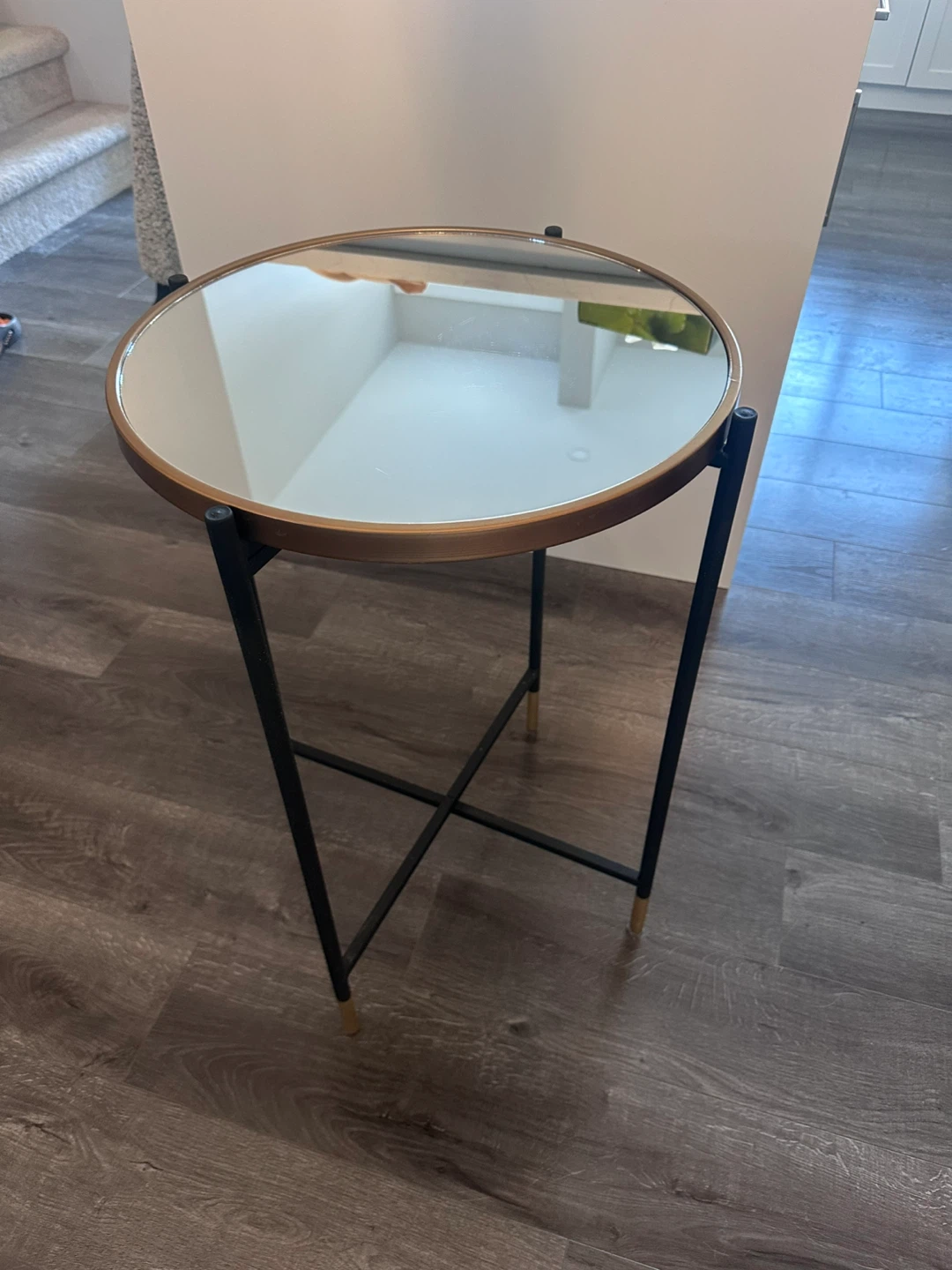 Round Mirrored Accent Table with Gold Trim