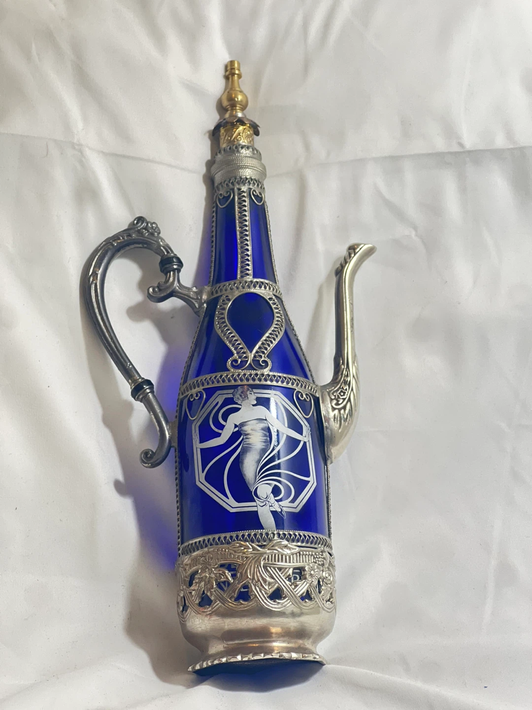 Decorative Blue Glass and Metal Pitcher