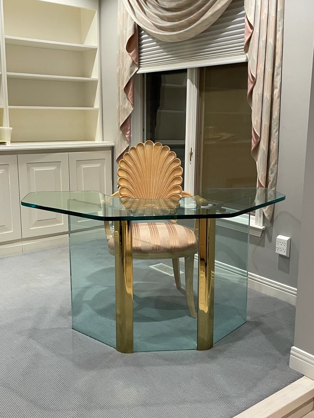 Glass Octagonal Desk with Carved Shell Chair