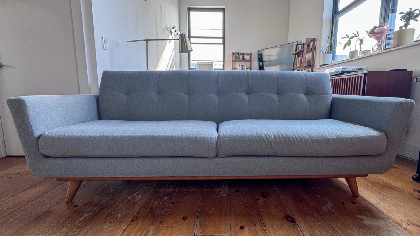 Mid Century Modern Couch - Gray Fabric, Acorn Wood Base - photo 4