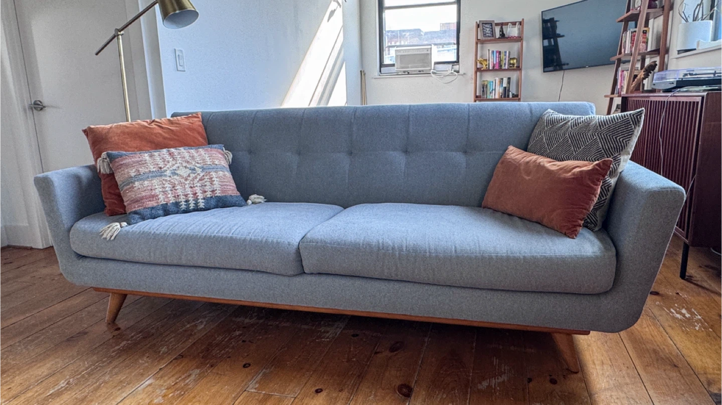 Mid Century Modern Couch - Gray Fabric, Acorn Wood Base