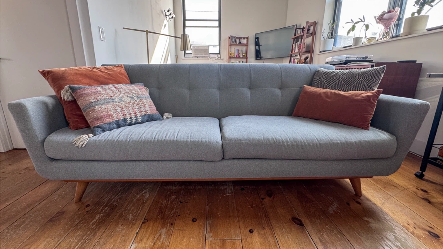 Mid Century Modern Couch - Gray Fabric, Acorn Wood Base - photo 2