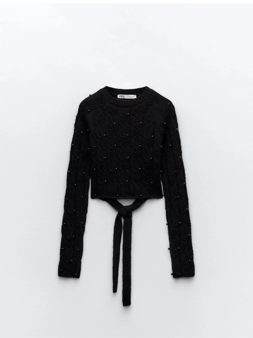 Black Embellished Cropped Sweater with Tie