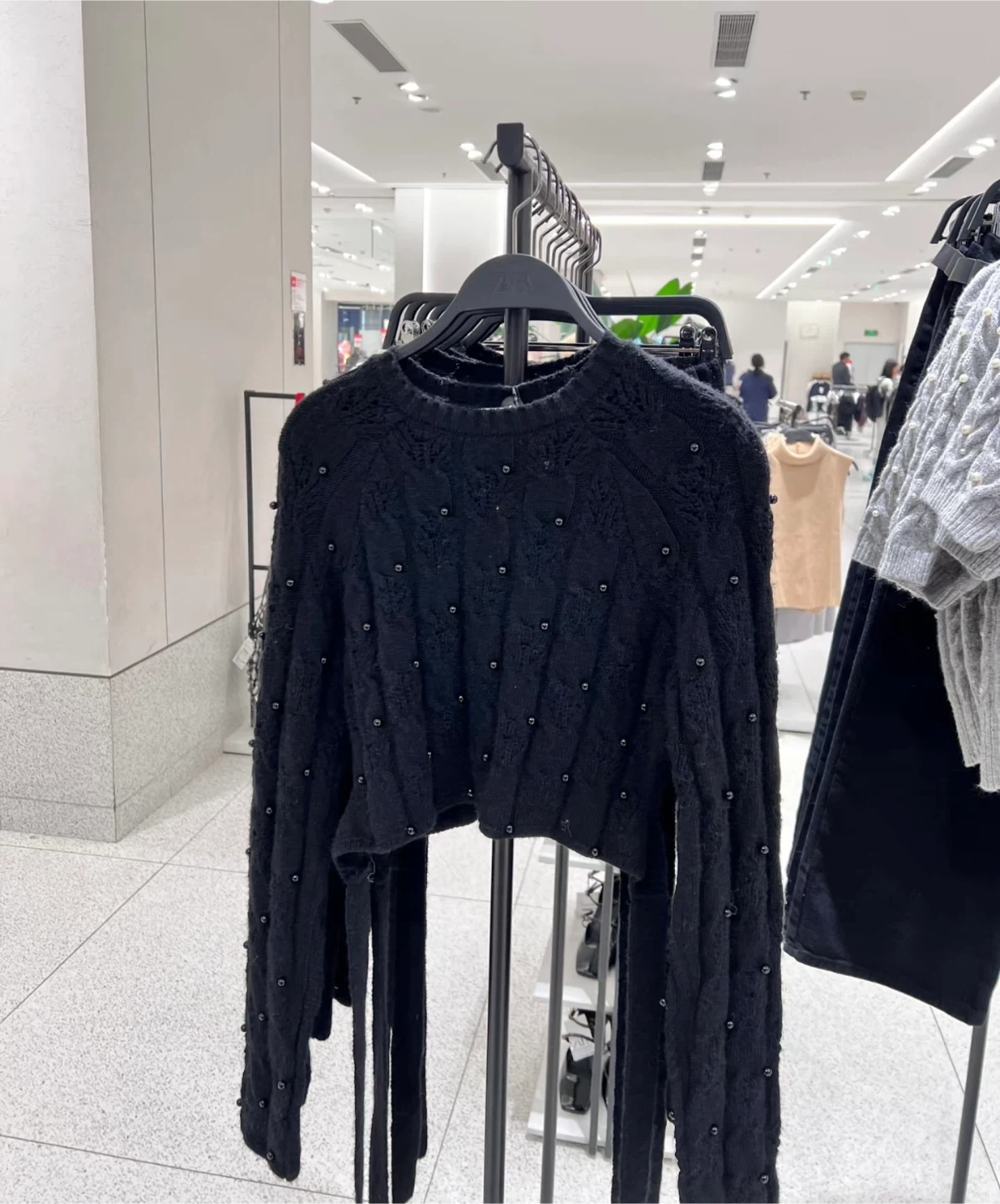 Black Embellished Cropped Sweater with Tie - photo 2