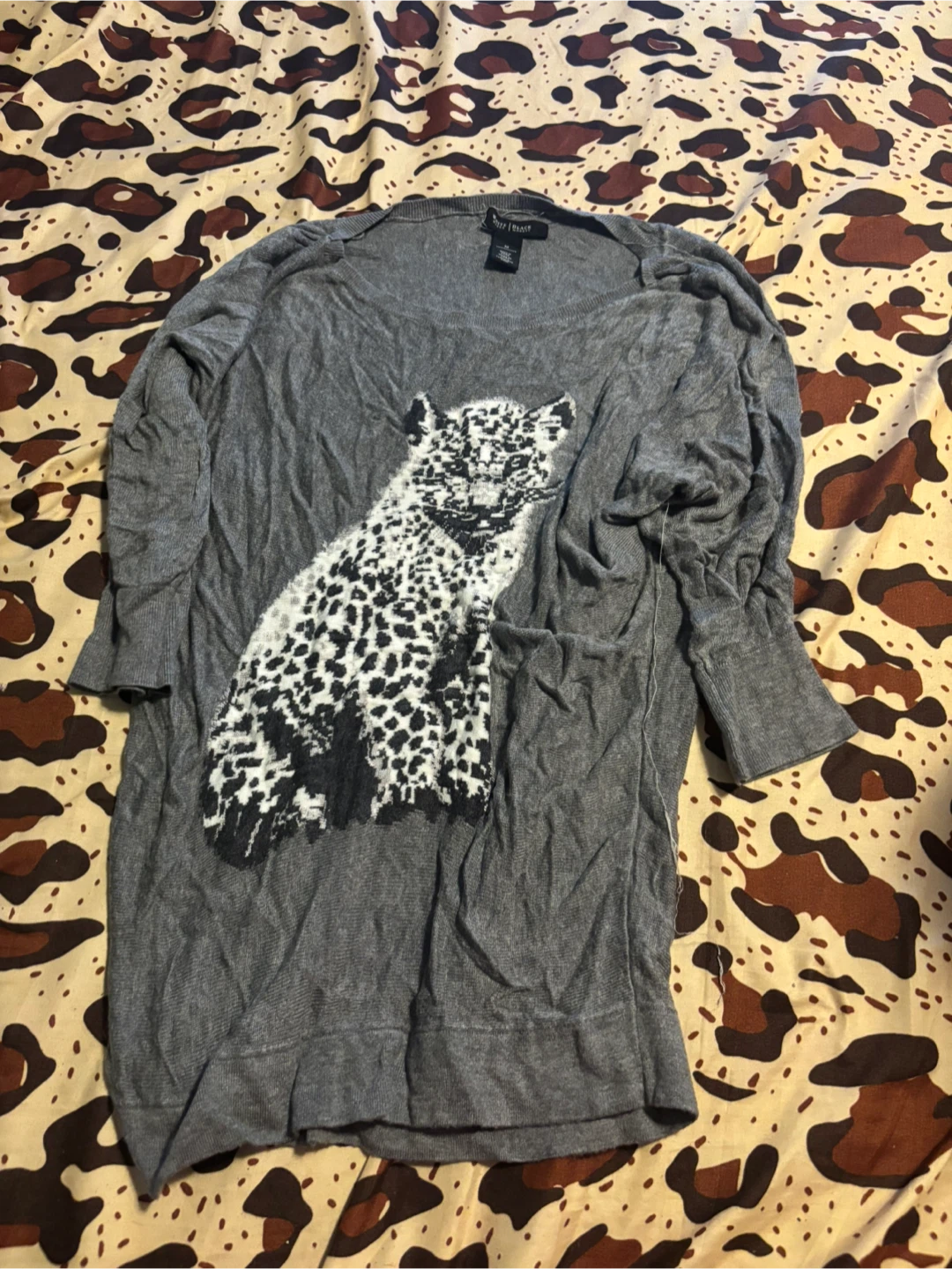 White House Black Market Grey Leopard Print Sweater