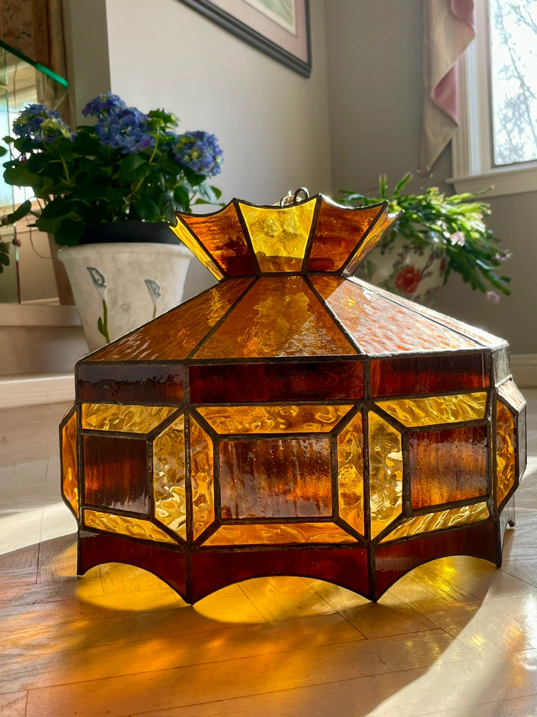 Vintage Amber Stained Glass Pendant Light from the 1970s
