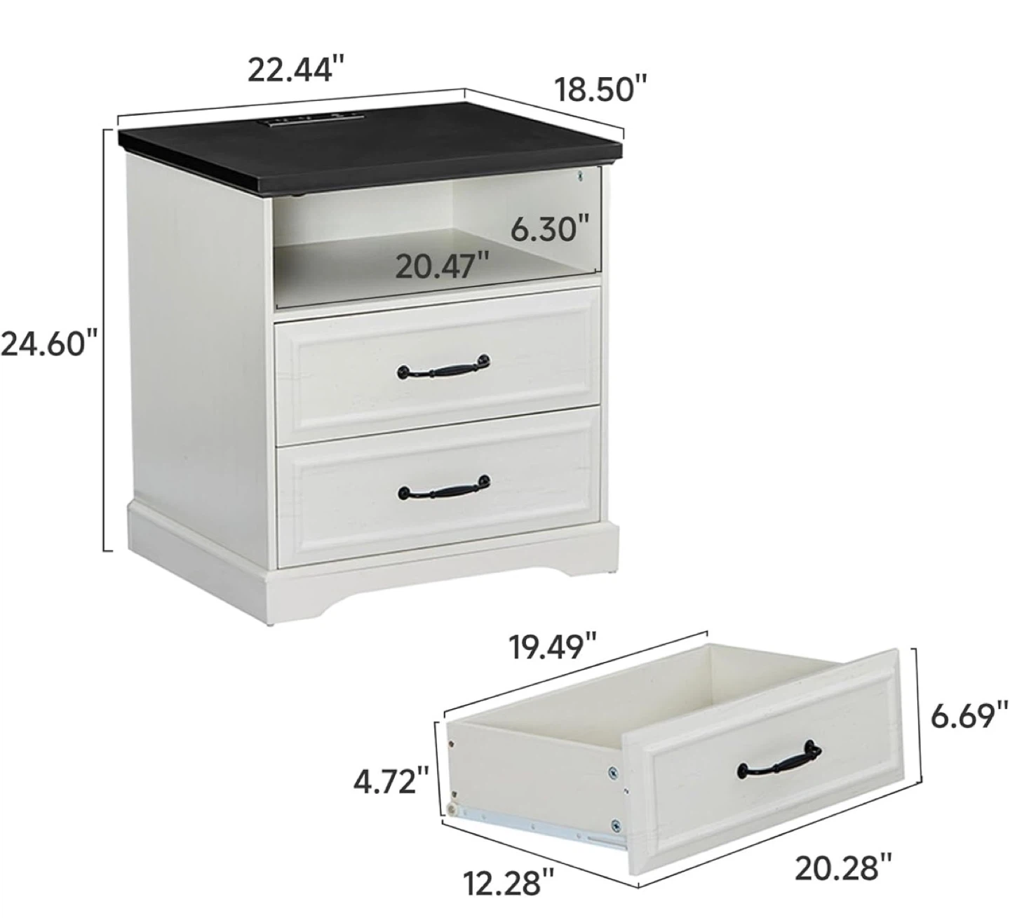 White & Black 2-Drawer Nightstand with Built-in Power Strip - photo 5