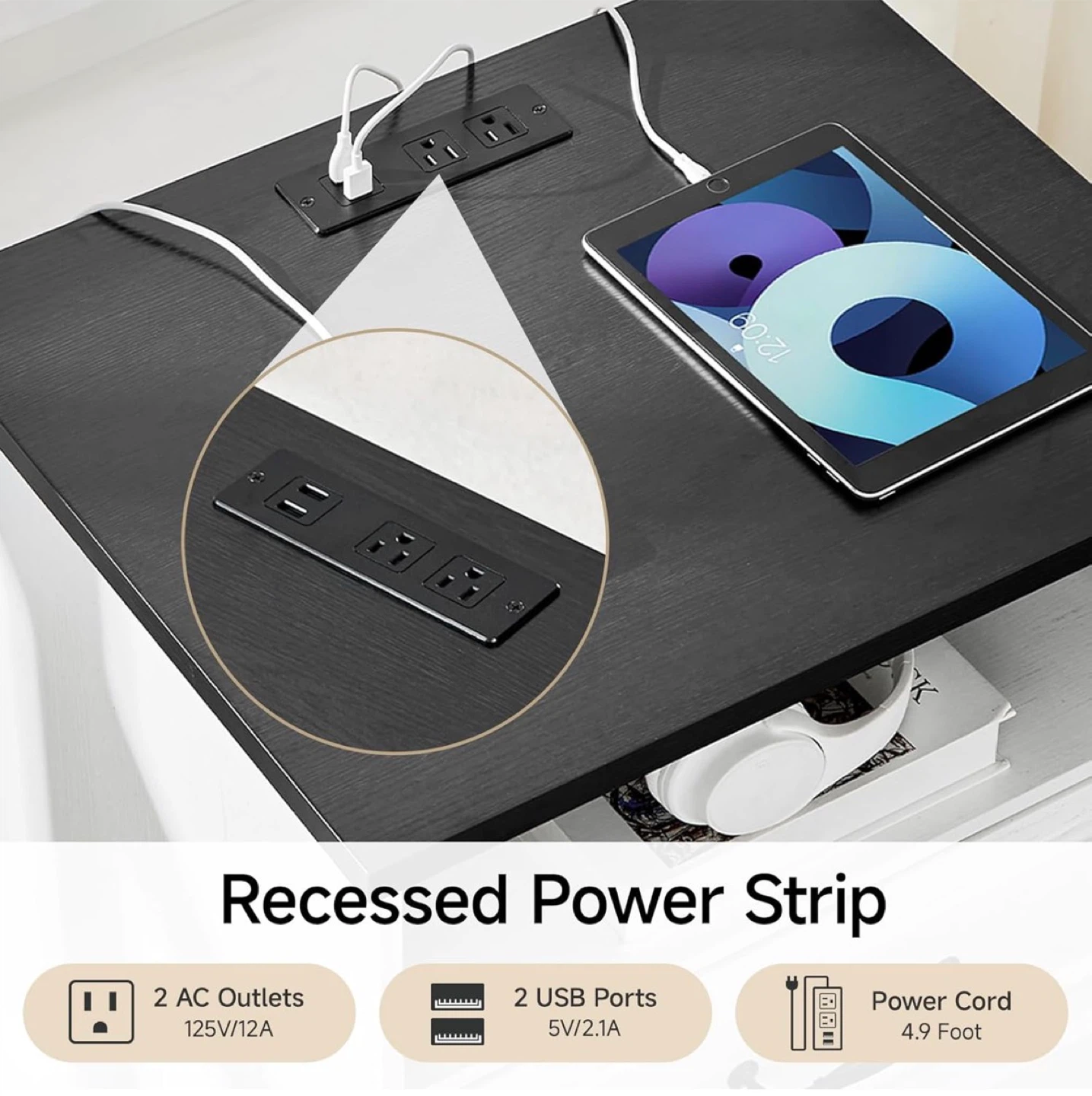 White & Black 2-Drawer Nightstand with Built-in Power Strip - photo 2