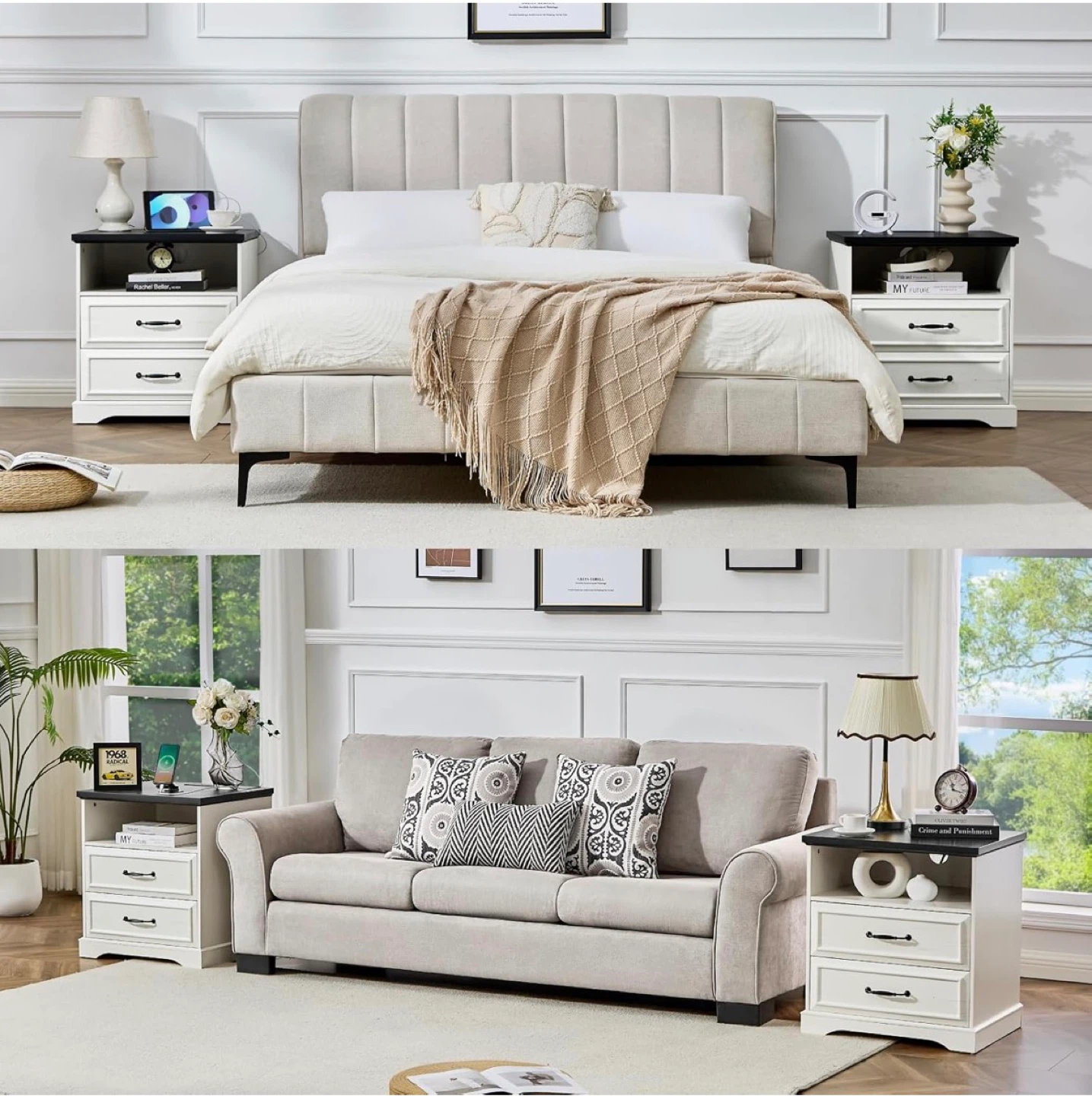 White & Black 2-Drawer Nightstand with Built-in Power Strip - photo 4