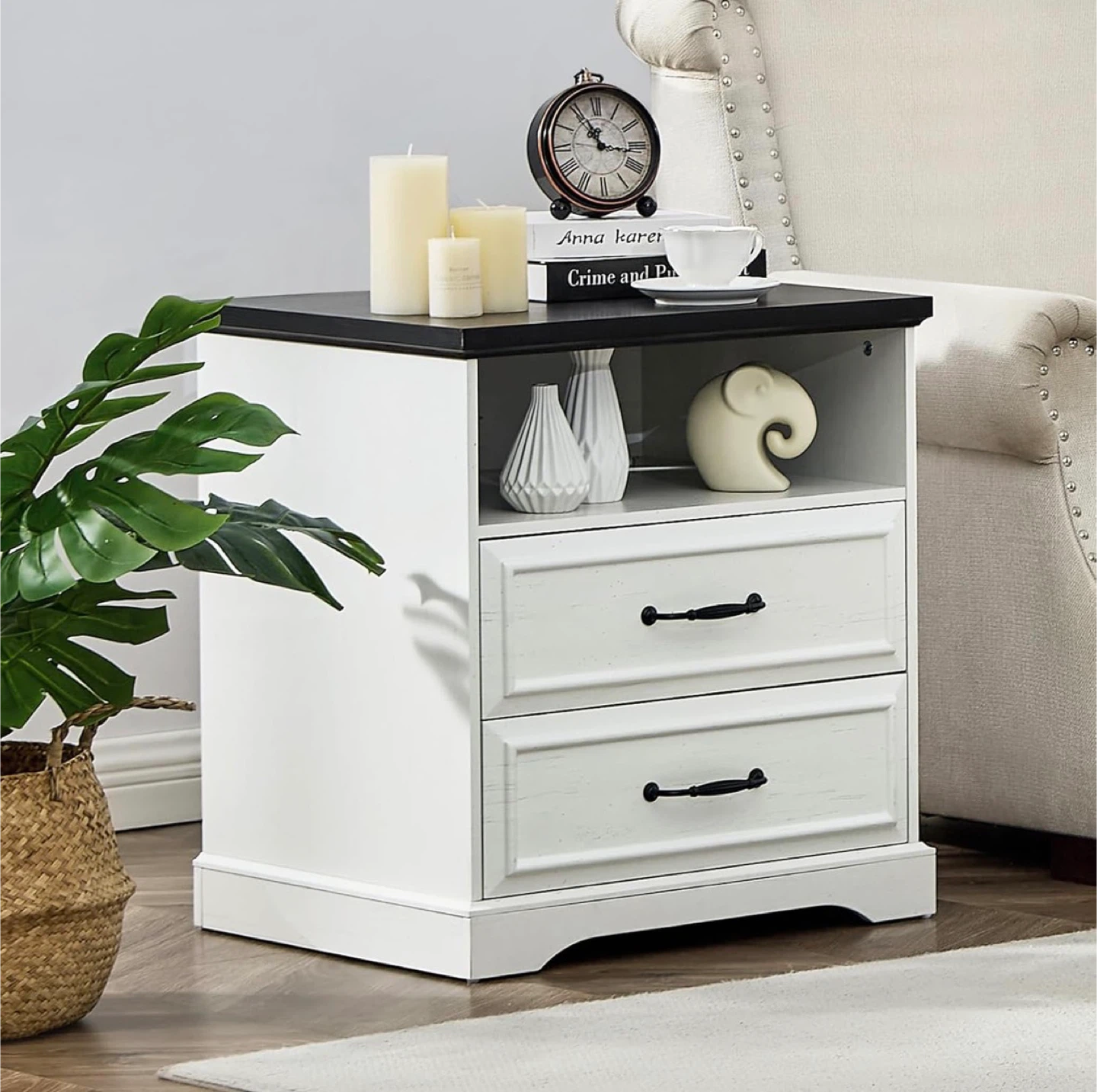 White & Black 2-Drawer Nightstand with Built-in Power Strip