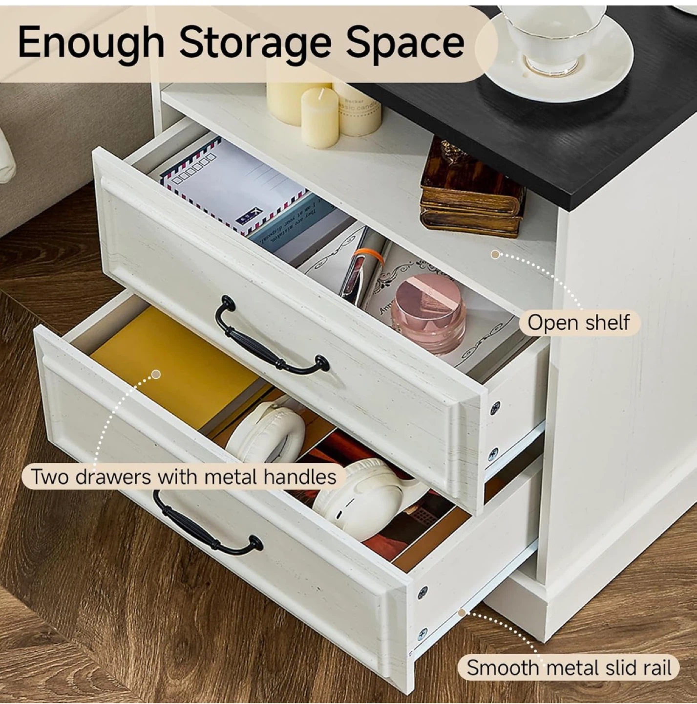 White & Black 2-Drawer Nightstand with Built-in Power Strip - photo 3