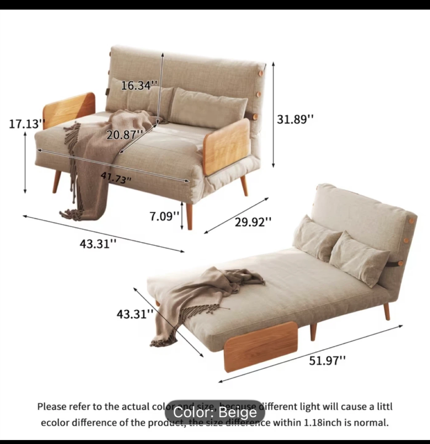 Japanese style beige 3-in-1 Sofa Bed - coffee wood - photo 4