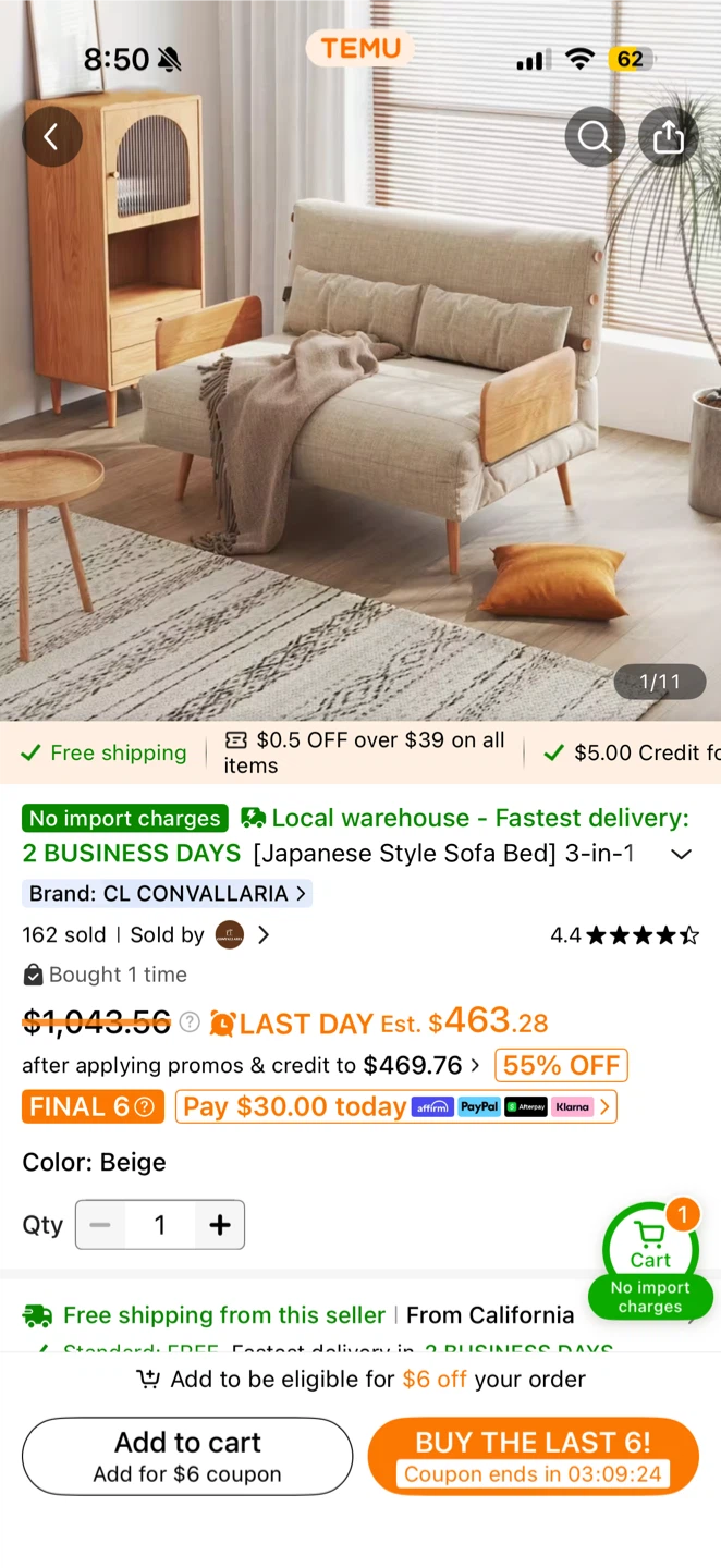 Japanese style beige 3-in-1 Sofa Bed - coffee wood - photo 5