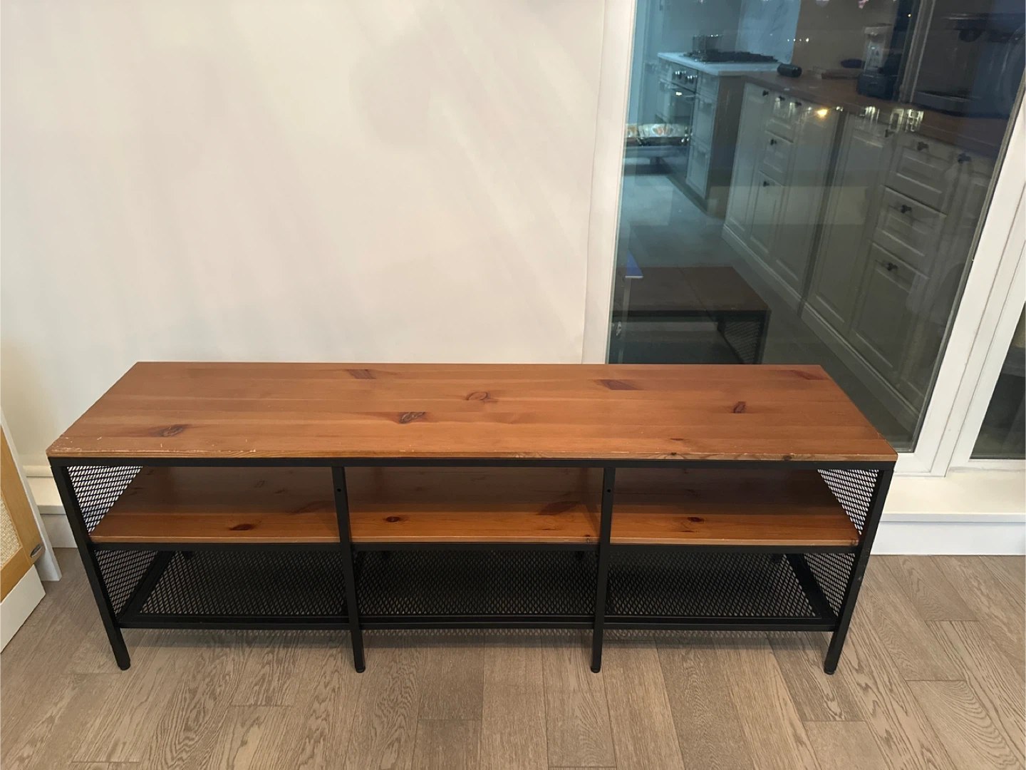 Wood Top Media Console with Black Metal Frame