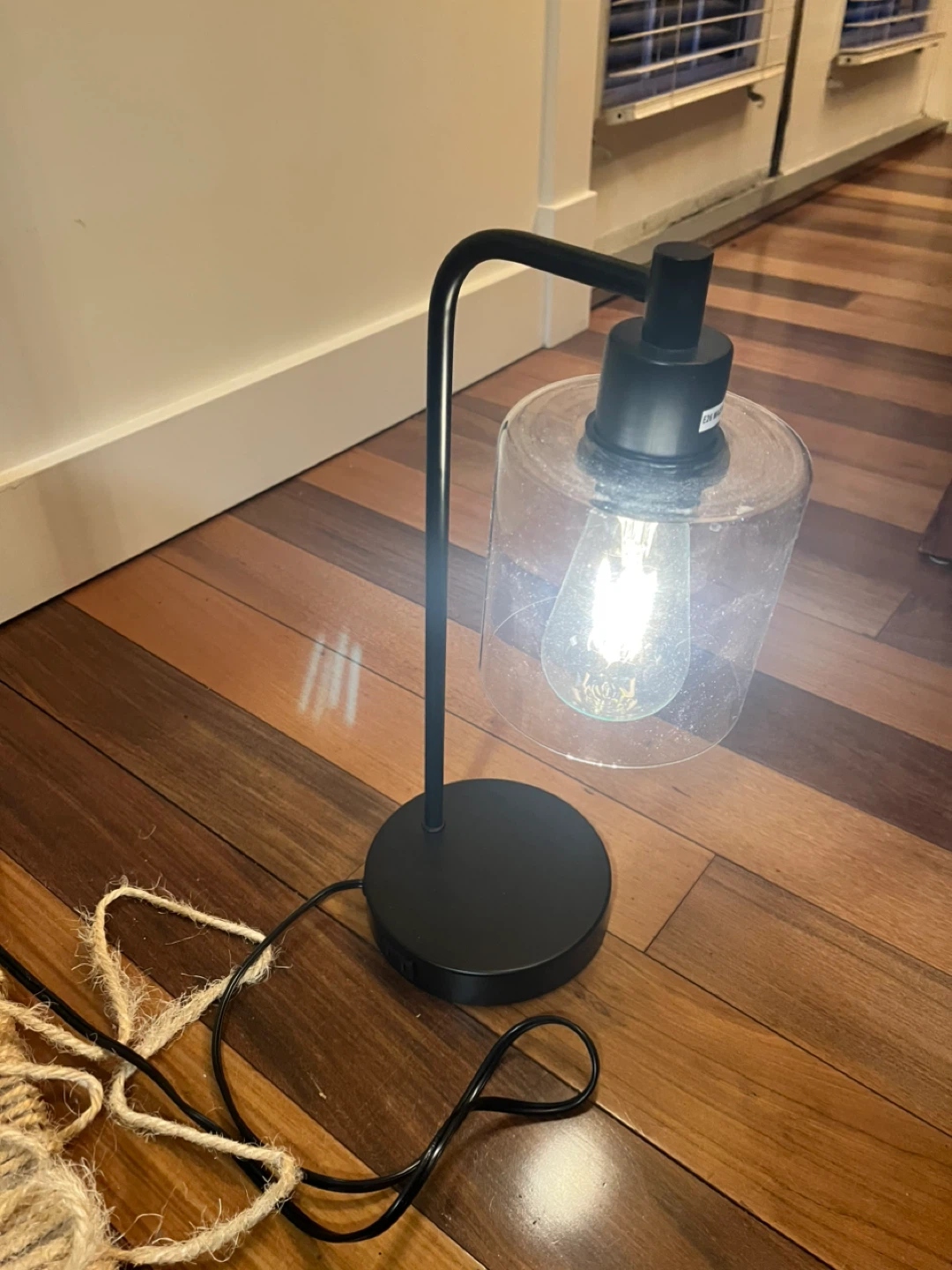 Black Metal Table Lamp with Glass Shade and USB Ports