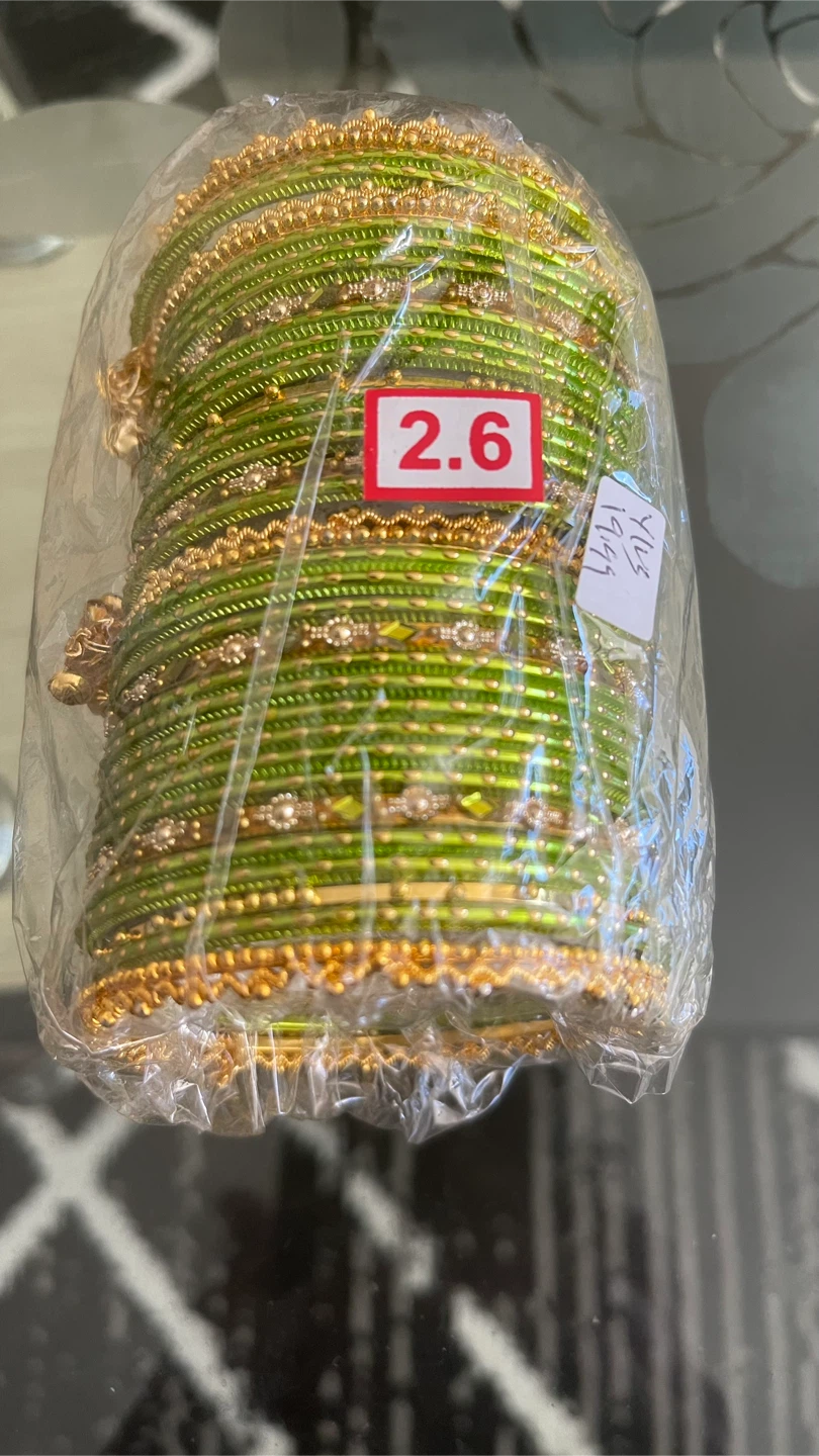Green Bangles with Gold Charms - Size 2.6