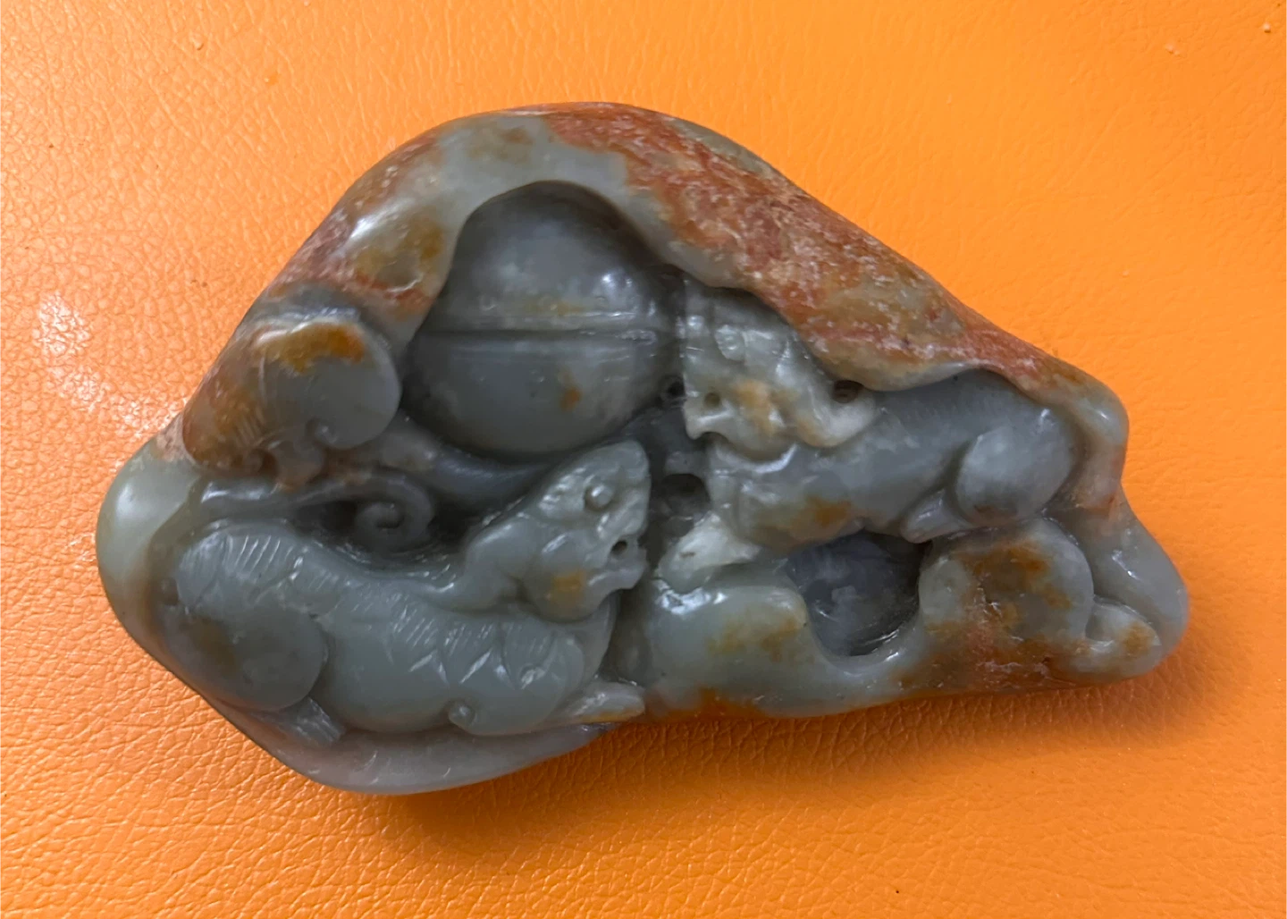 Jade Rare carved with mythical Chilong creature with its cub