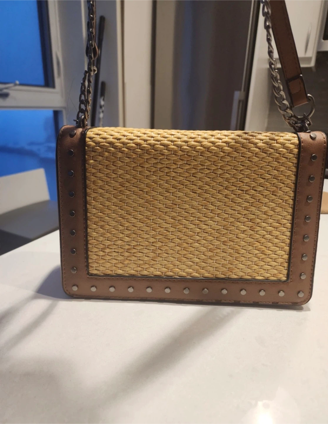 Brown Faux Leather & Straw Crossbody Bag