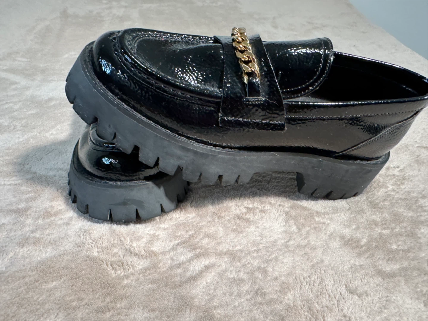 Black Patent Loafers with Gold Chain Detail - photo 2