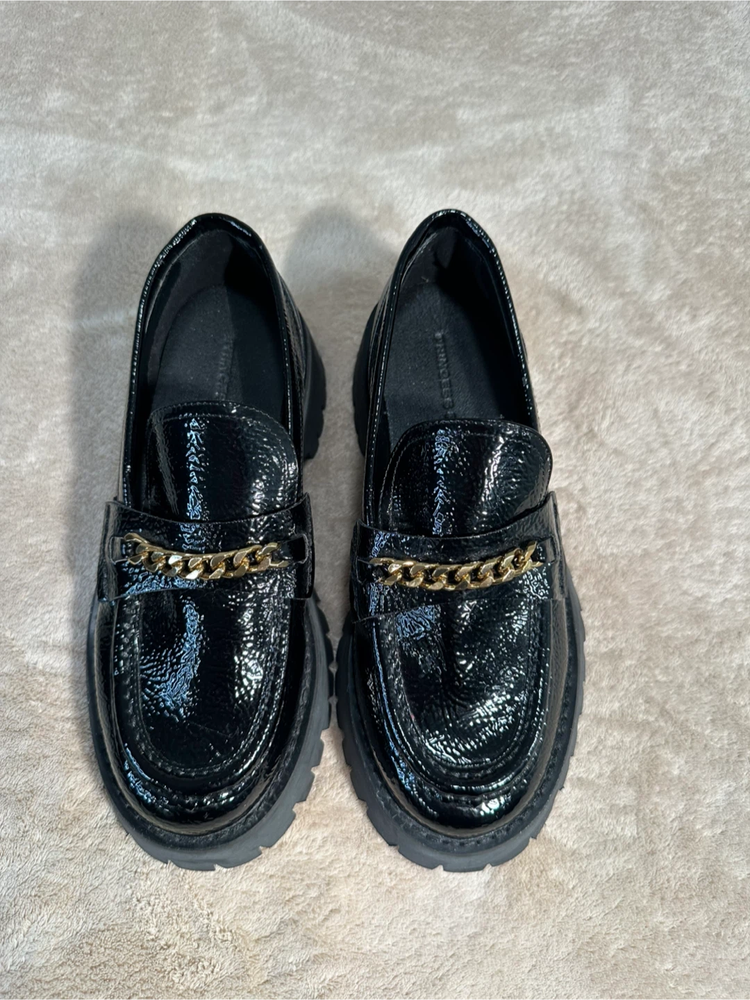 Black Patent Loafers with Gold Chain Detail