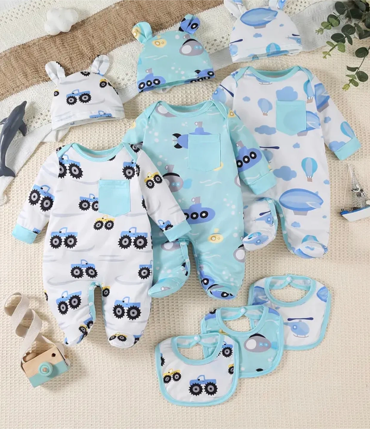 Baby Onesie Set with Hats and Bibs - Blue Transportation Theme - photo 2