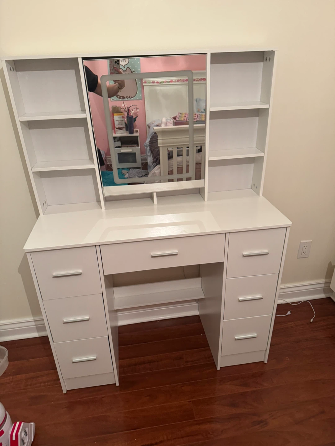 White Vanity Desk with Lighted Mirror and Shelves